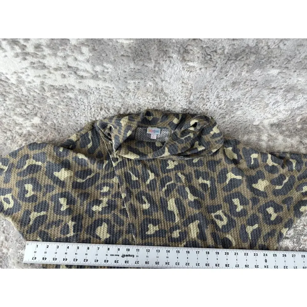LulaRoe Sz S Kristen Leopard Animal Print Waffle Knit Cowl Neck Pullover Sweater